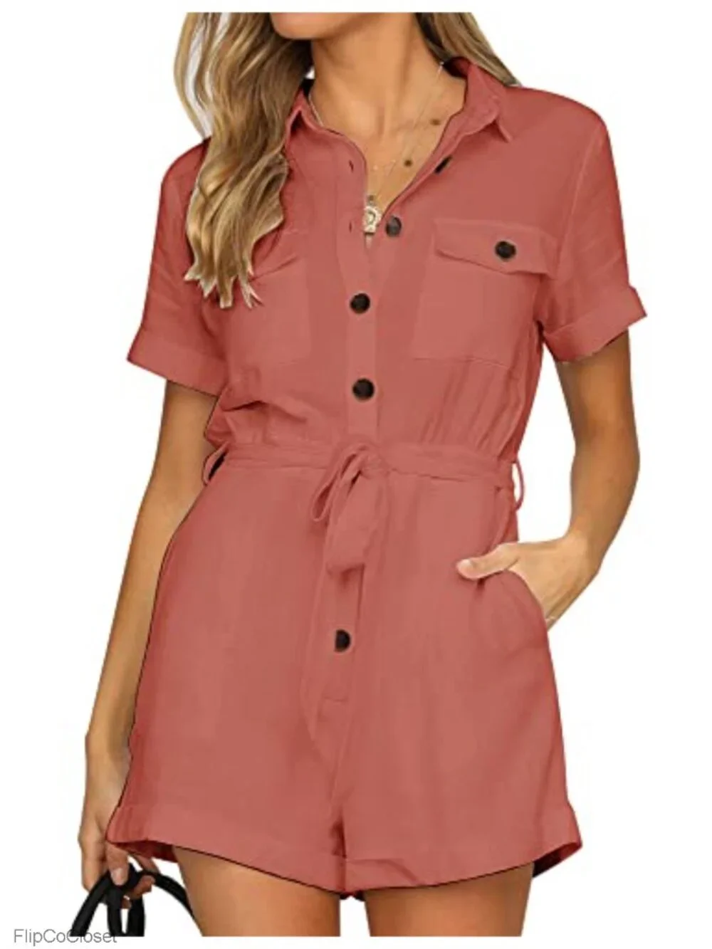 Women's Cotton Short Sleeve Button Down Romper with Belt